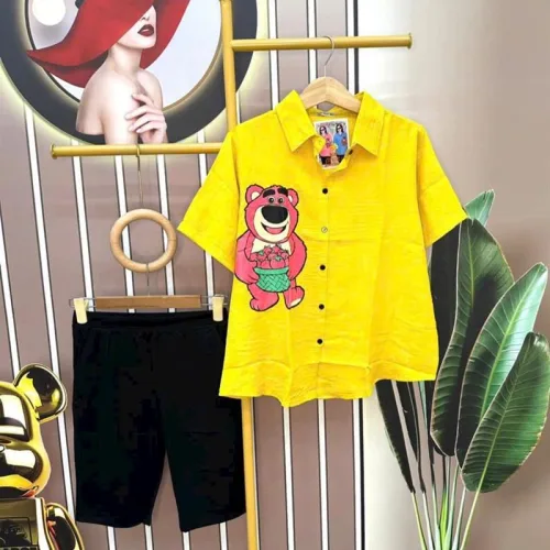 Đồ bộ quần ngố đen áo sơ mi tay ngắn cổ bẻ in hình