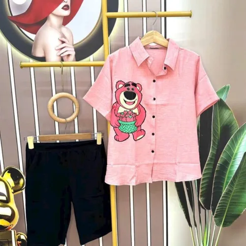 Đồ bộ quần ngố đen áo sơ mi tay ngắn cổ bẻ in hình