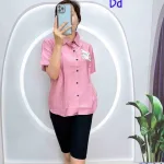 Đồ bộ quần ngố đen áo sơ mi tay ngắn in hình