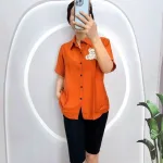 Đồ bộ quần ngố đen áo sơ mi tay ngắn in hình