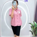 Đồ bộ quần ngố đen áo sơ mi tay ngắn in hình