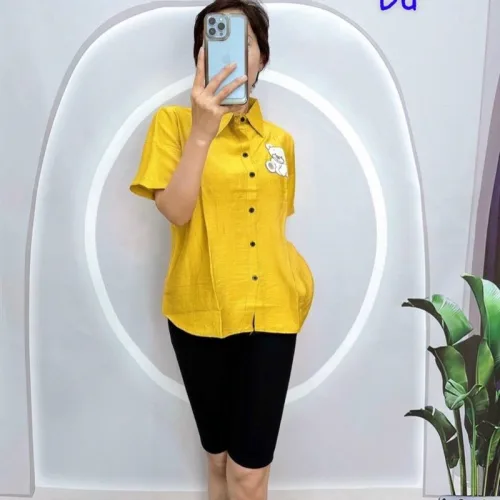 Đồ bộ quần ngố đen áo sơ mi tay ngắn in hình