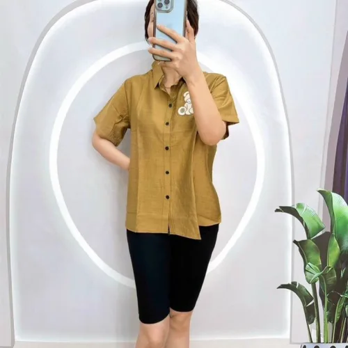 Đồ bộ quần ngố đen áo sơ mi tay ngắn in hình