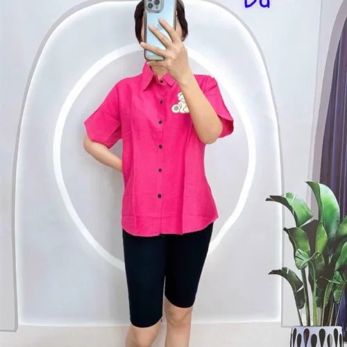 Đồ bộ quần ngố đen áo sơ mi tay ngắn in hình
