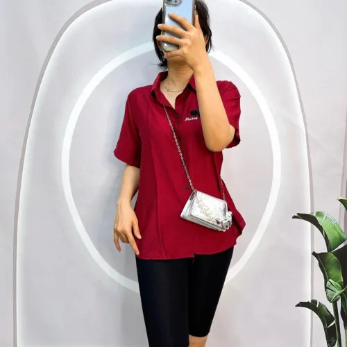 Đồ bộ quần ngố đen áo sơ mi tay ngắn in hình