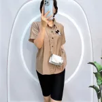 Đồ bộ quần ngố đen áo sơ mi tay ngắn in hình