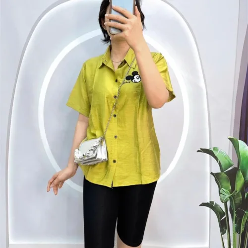 Đồ bộ quần ngố đen áo sơ mi tay ngắn in hình
