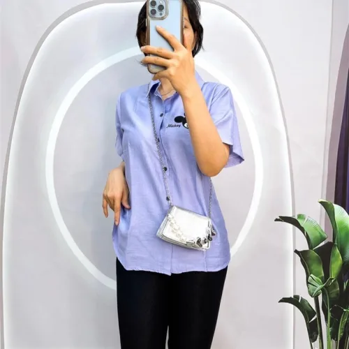 Đồ bộ quần ngố đen áo sơ mi tay ngắn in hình