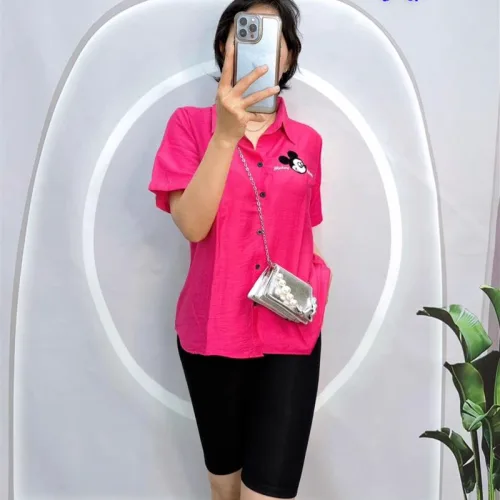 Đồ bộ quần ngố đen áo sơ mi tay ngắn in hình
