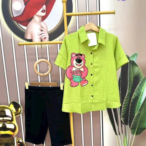 Đồ bộ quần ngố đen áo sơ mi tay ngắn in hình gấu