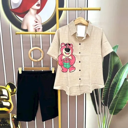 Đồ bộ quần ngố đen áo sơ mi tay ngắn in hình gấu