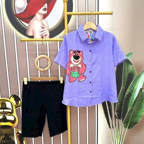 Đồ bộ quần ngố đen áo sơ mi tay ngắn in hình gấu