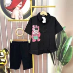 Đồ bộ quần ngố đen áo sơ mi tay ngắn in hình gấu
