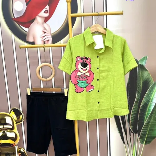 Đồ bộ quần ngố đen áo sơ mi tay ngắn in hình gấu