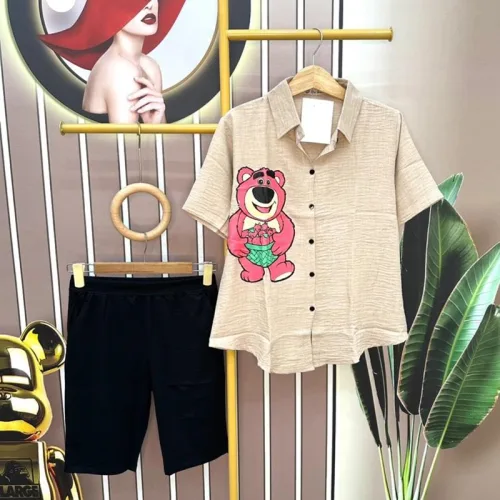 Đồ bộ quần ngố đen áo sơ mi tay ngắn in hình gấu