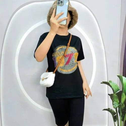 Đồ bộ quần ngố đen áo tay ngắn cổ tròn in chữ