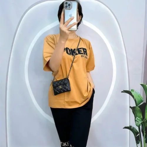 Đồ bộ quần ngố đen áo tay ngắn cổ tròn in chữ form rộng