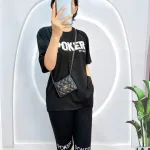 Đồ bộ quần ngố đen áo tay ngắn cổ tròn in chữ form rộng