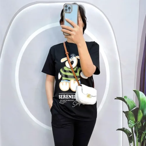 Đồ bộ quần ngố đen áo tay ngắn cổ tròn in hình