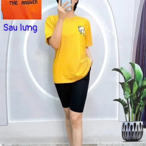 Đồ bộ quần ngố đen áo tay ngắn cổ tròn in hình form rộng