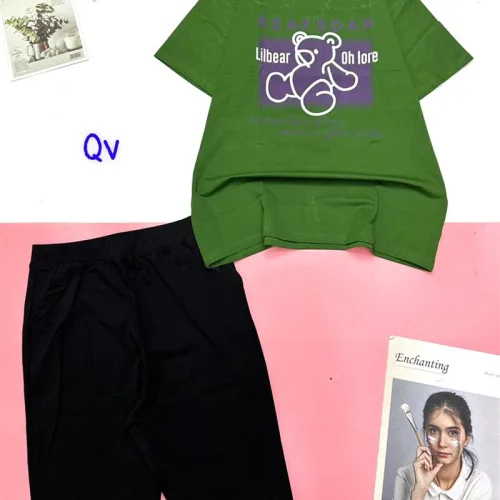 Đồ bộ quần ngố đen áo tay ngắn in chữ và hình gấu