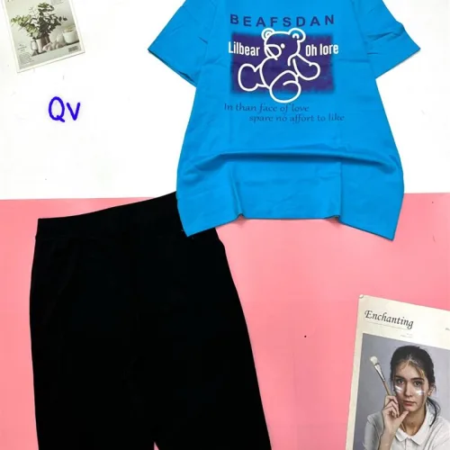 Đồ bộ quần ngố đen áo tay ngắn in chữ và hình gấu