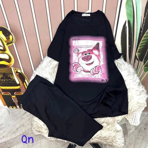 Đồ bộ quần ngố đen áo tay ngắn in hình