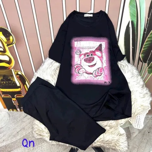 Đồ bộ quần ngố đen áo tay ngắn in hình