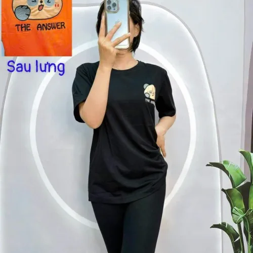 Đồ bộ quần ngố đen áo tay ngắn in hình gấu form rộng