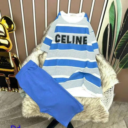 Đồ bộ quần ngố màu áo tay ngắn cổ tròn in chữ celine