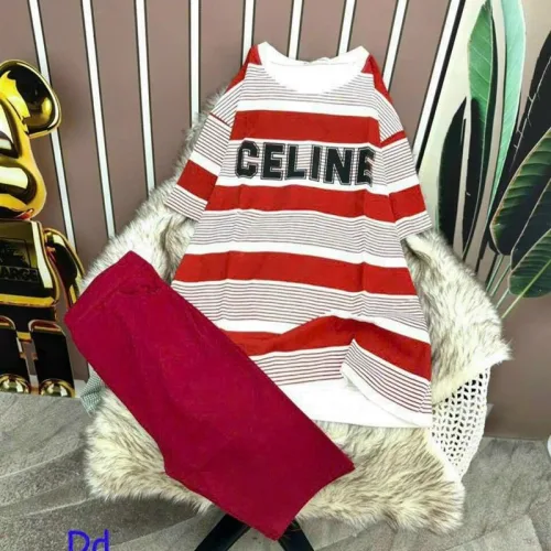 Đồ bộ quần ngố màu áo tay ngắn cổ tròn in chữ celine