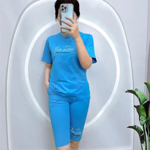 Đồ bộ quần ngố màu áo tay ngắn in chữ