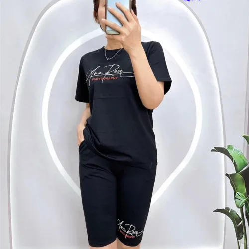 Đồ bộ quần ngố màu áo tay ngắn in chữ