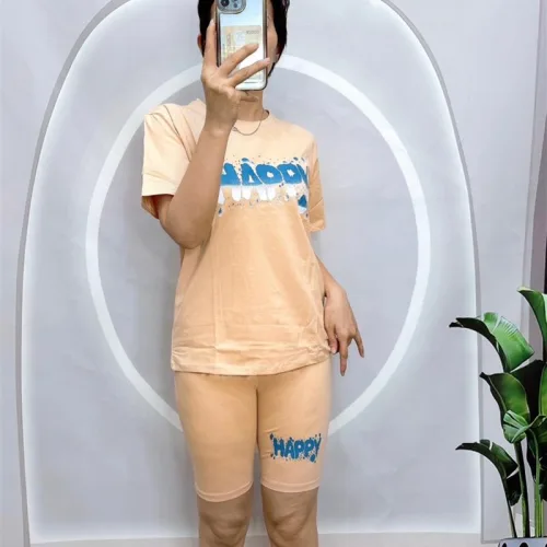 Đồ bộ quần ngố màu áo tay ngắn in chữ