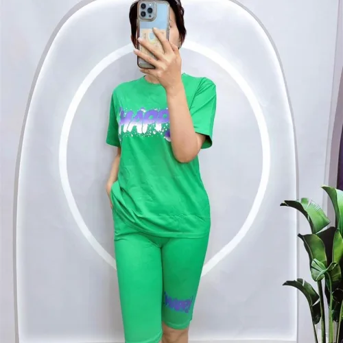 Đồ bộ quần ngố màu áo tay ngắn in chữ