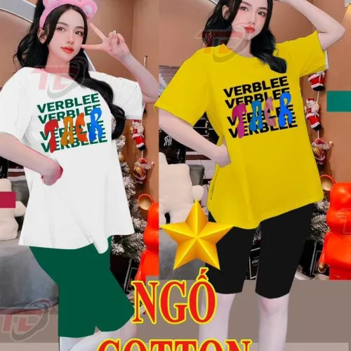 Đồ bộ quần ngố màu áo tay ngắn in chữ