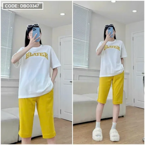 Đồ bộ quần ngố màu áo tay ngắn in chữ