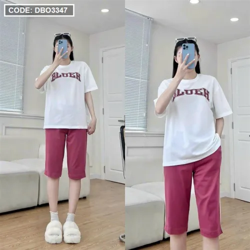 Đồ bộ quần ngố màu áo tay ngắn in chữ