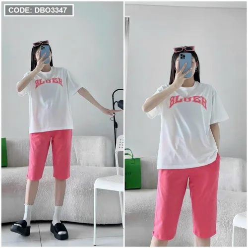 Đồ bộ quần ngố màu áo tay ngắn in chữ