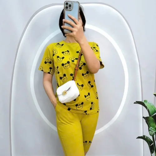 Đồ bộ quần ngố màu áo tay ngắn in hình