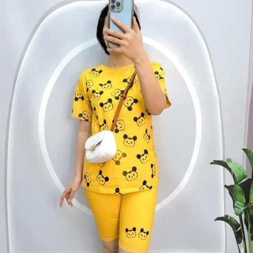 Đồ bộ quần ngố màu áo tay ngắn in hình
