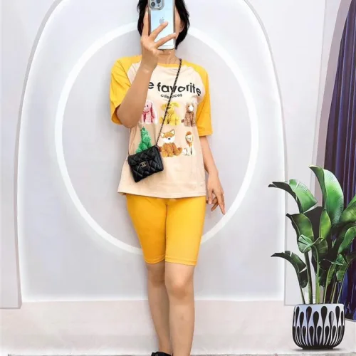 Đồ bộ quần ngố màu áo tay ngắn in hình