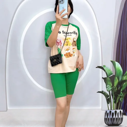 Đồ bộ quần ngố màu áo tay ngắn in hình