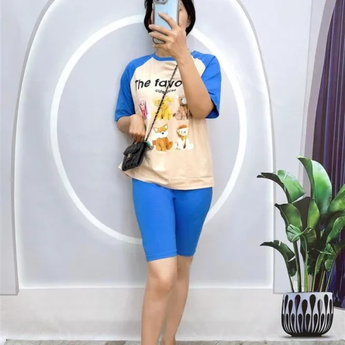 Đồ bộ quần ngố màu áo tay ngắn in hình