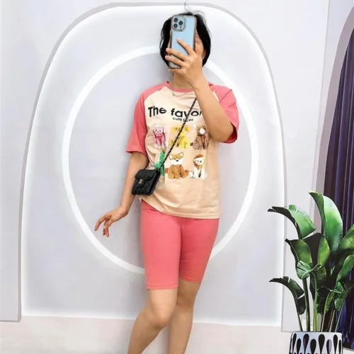Đồ bộ quần ngố màu áo tay ngắn in hình