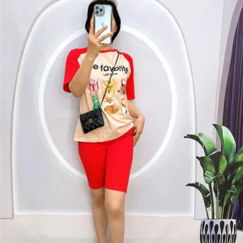 Đồ bộ quần ngố màu áo tay ngắn in hình