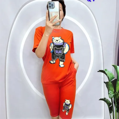 Đồ bộ quần ngố màu áo tay ngắn in hình gấu
