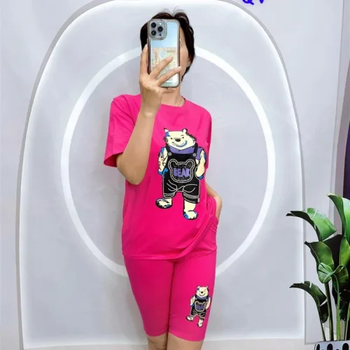 Đồ bộ quần ngố màu áo tay ngắn in hình gấu
