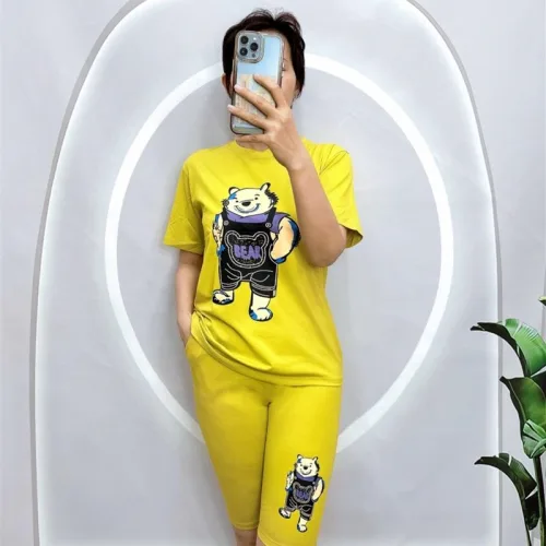 Đồ bộ quần ngố màu áo tay ngắn in hình gấu