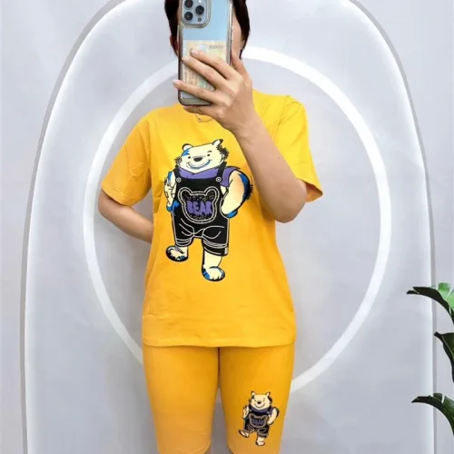 Đồ bộ quần ngố màu áo tay ngắn in hình gấu